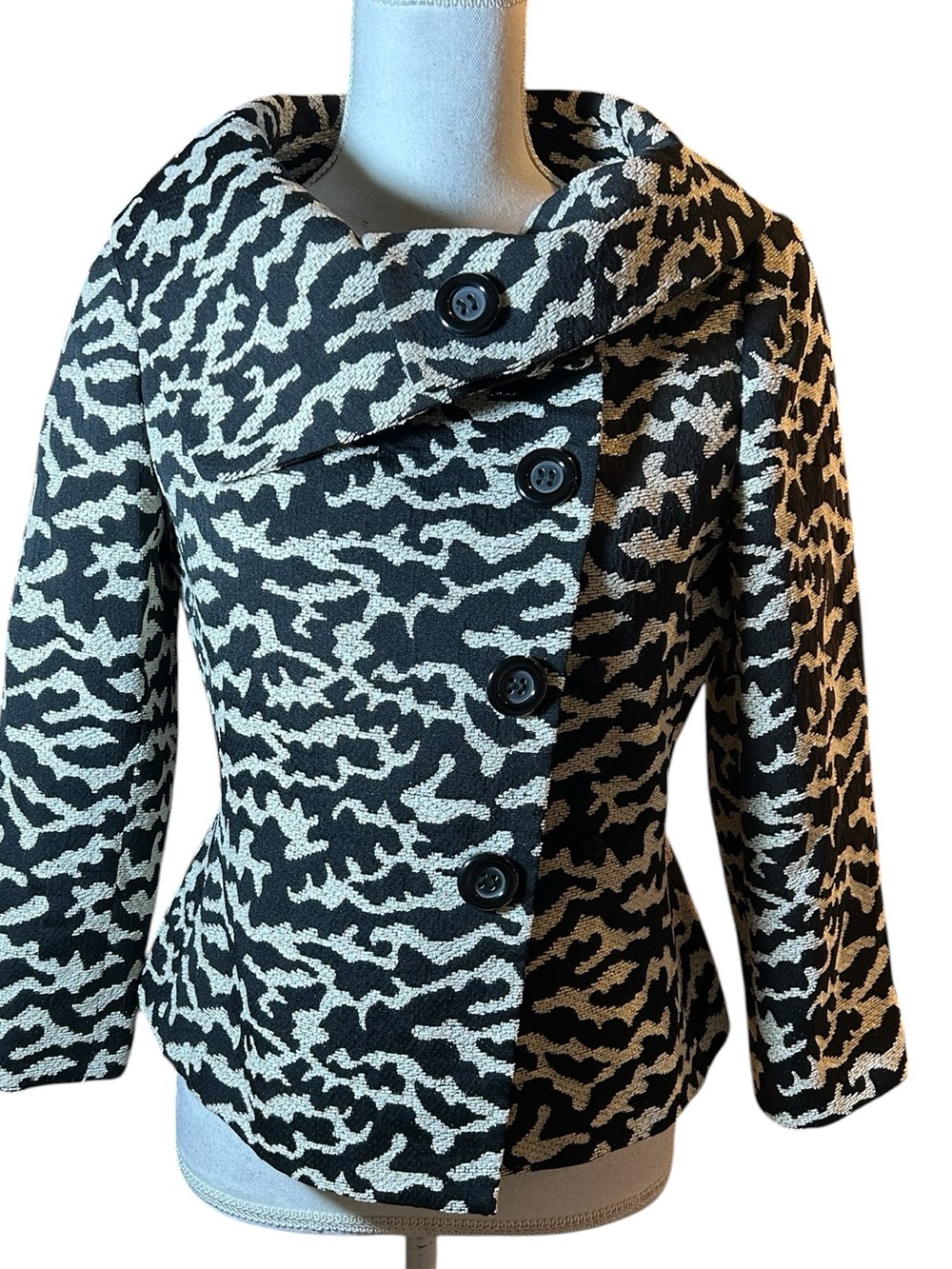 Women's Patterned Asymmetrical Button Jacket - Black & Cream - Picture 1 of 8